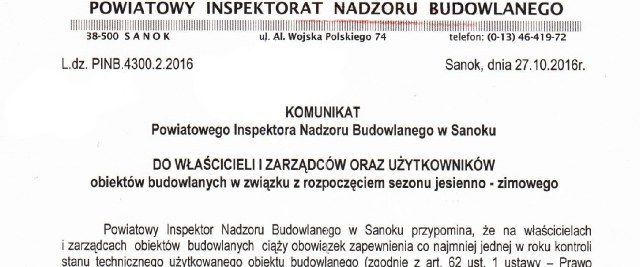 Komunikat Powiatowego Inspektora Nadzoru Budowlanego